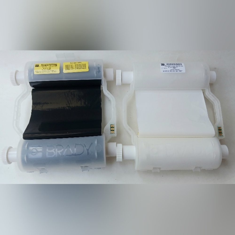 Two Brady B30 Series R10000 Printer Ribbon Units White and Black Rolls Used